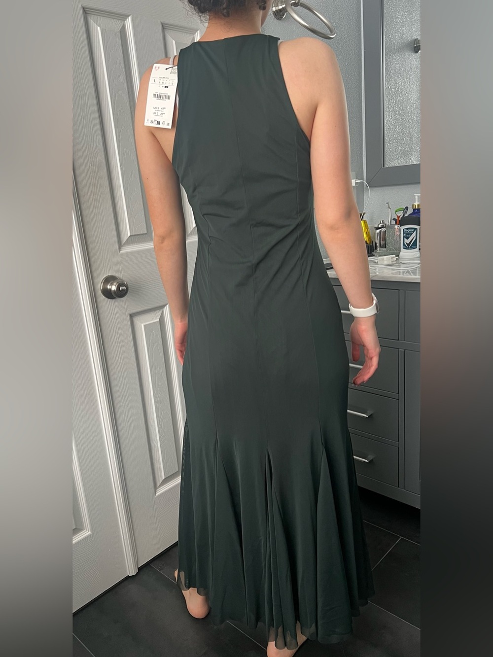 Zara Long Tulle Godet Sleeveless Maxi Dress with Side Slit, Dark Green, Size L - Picture 12 of 13
